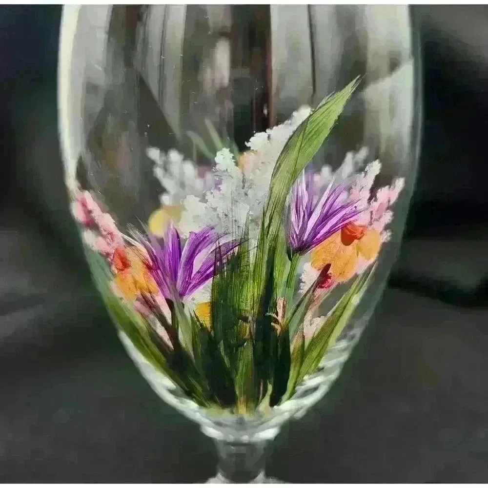 Two Large‎ Stemmed Wine Glasses Hand Painted & Signed Multi-Color Floral Design